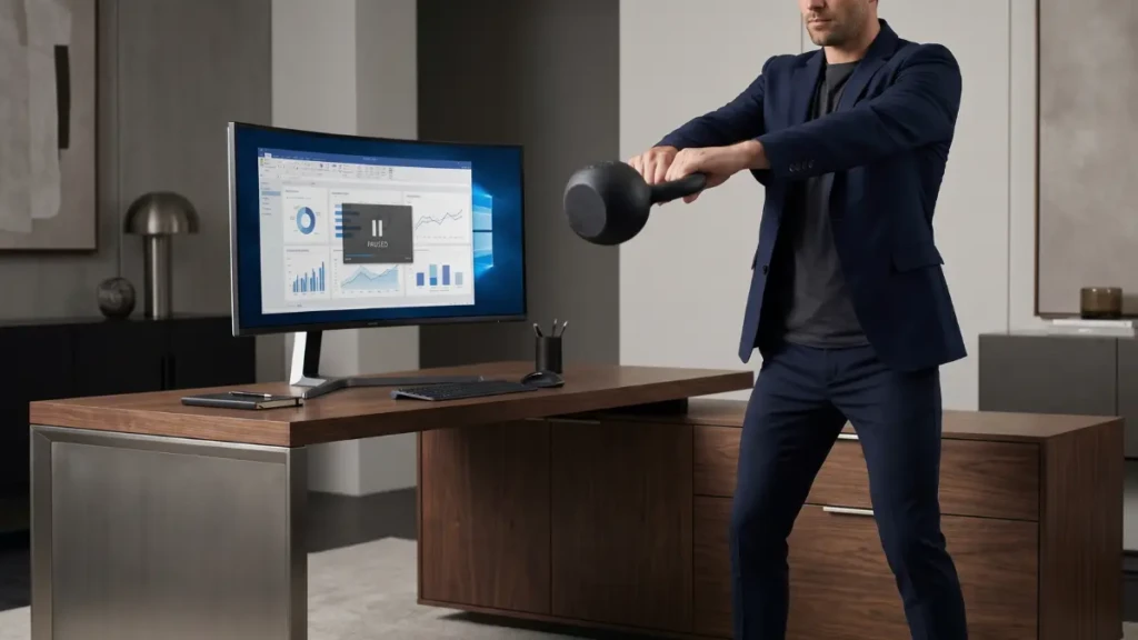 A busy professional performing a 10-minute micro-workout at their premium digital workspace.