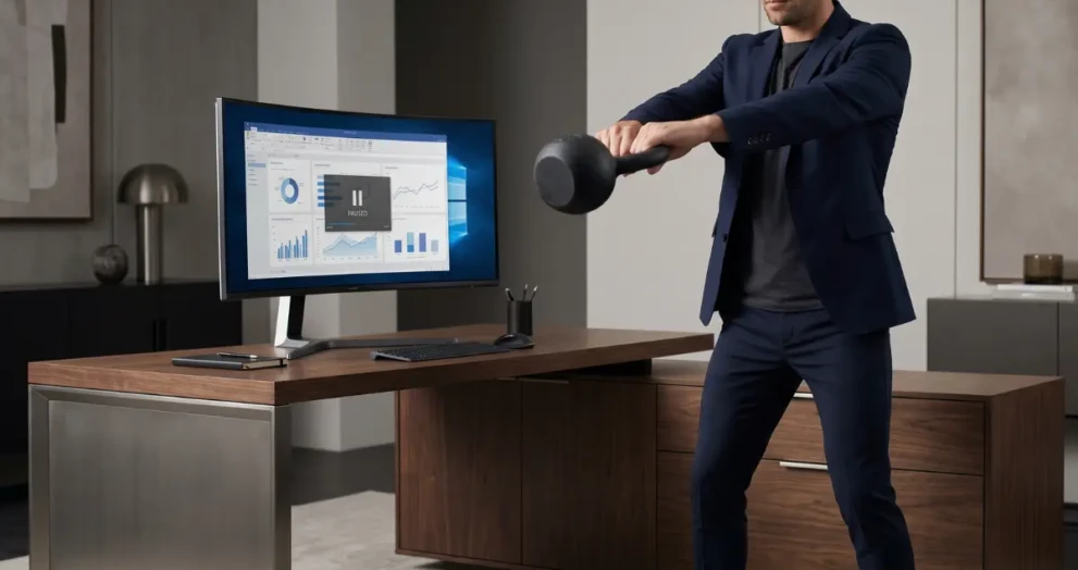 A busy professional performing a 10-minute micro-workout at their premium digital workspace.