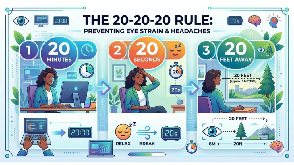nfographic explaining how to prevent digital eye strain headaches using the 20-20-20 rule.