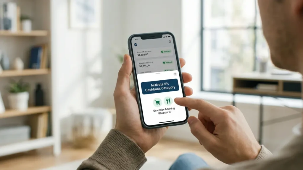 A user activating quarterly rotating cashback categories on their mobile banking app.