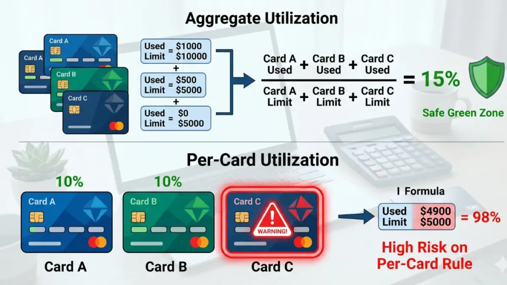 Infographic explaining aggregate versus per-card credit utilization ratio calculations.