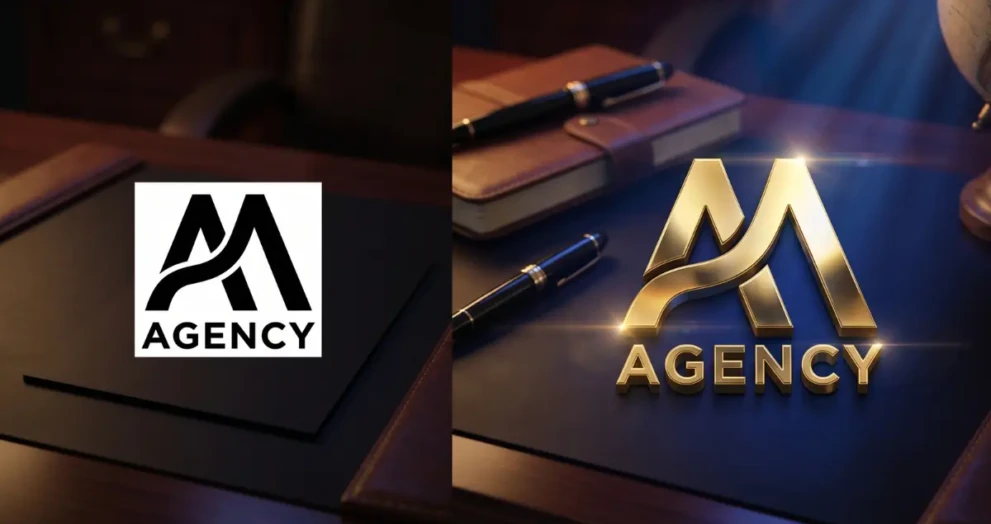 A before-and-after transformation demonstrating an AI 3D logo animation tutorial for premium agency branding.