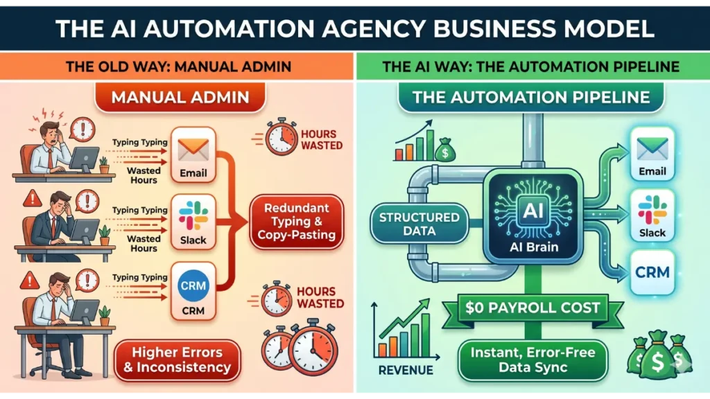 Infographic showing the business model of an AI Automation Agency replacing manual tasks.
