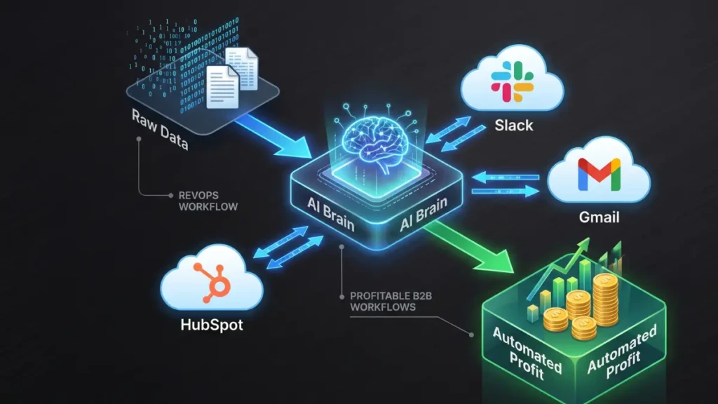 Infographic showing how AI automation tools like Make.com create profitable B2B workflows.