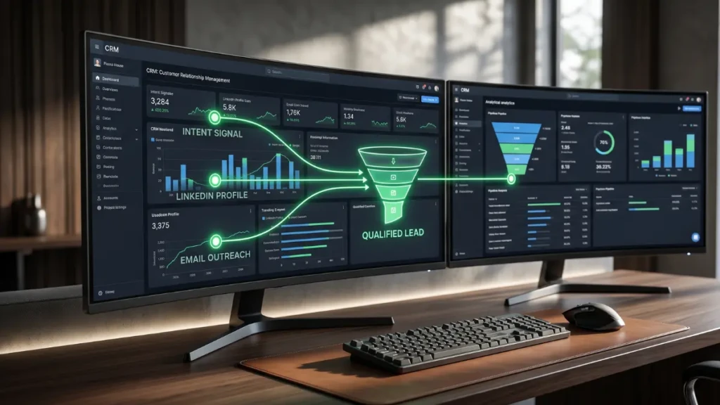 A high-tech CRM dashboard demonstrating AI lead generation and sales pipeline automation.