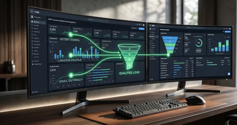 A high-tech CRM dashboard demonstrating AI lead generation and sales pipeline automation.