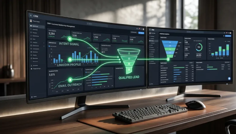 A high-tech CRM dashboard demonstrating AI lead generation and sales pipeline automation.