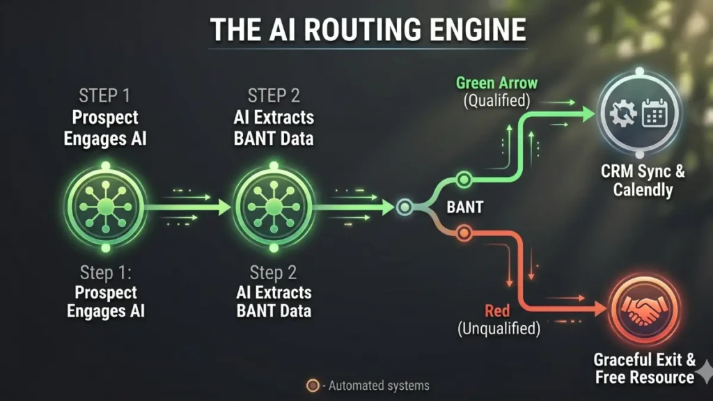 Flowchart showing AI lead routing automation and qualification for B2B sales pipelines.