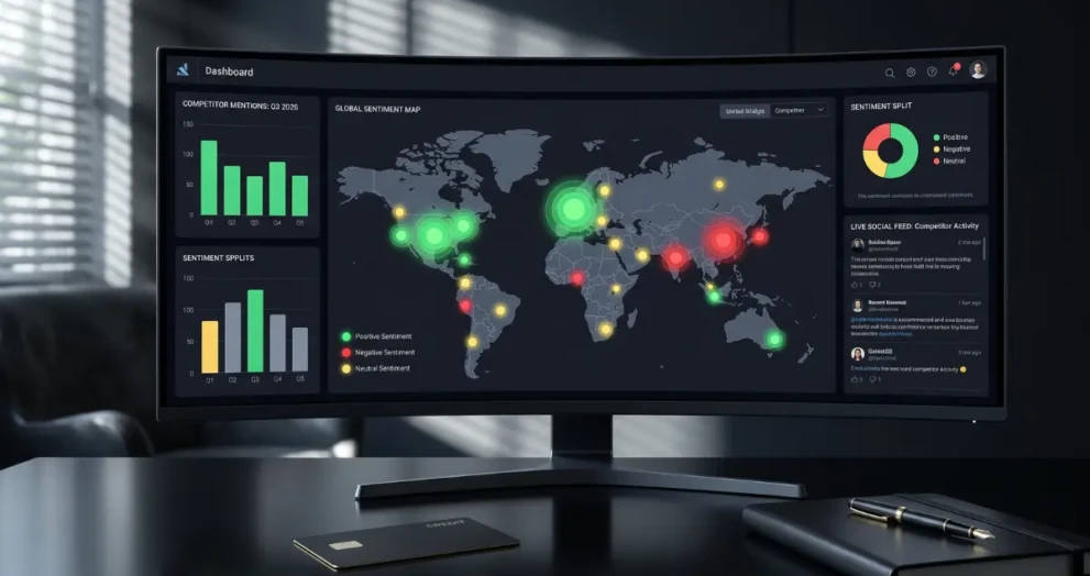 An executive dashboard using AI social listening tools to monitor brand sentiment and competitors in 2026.