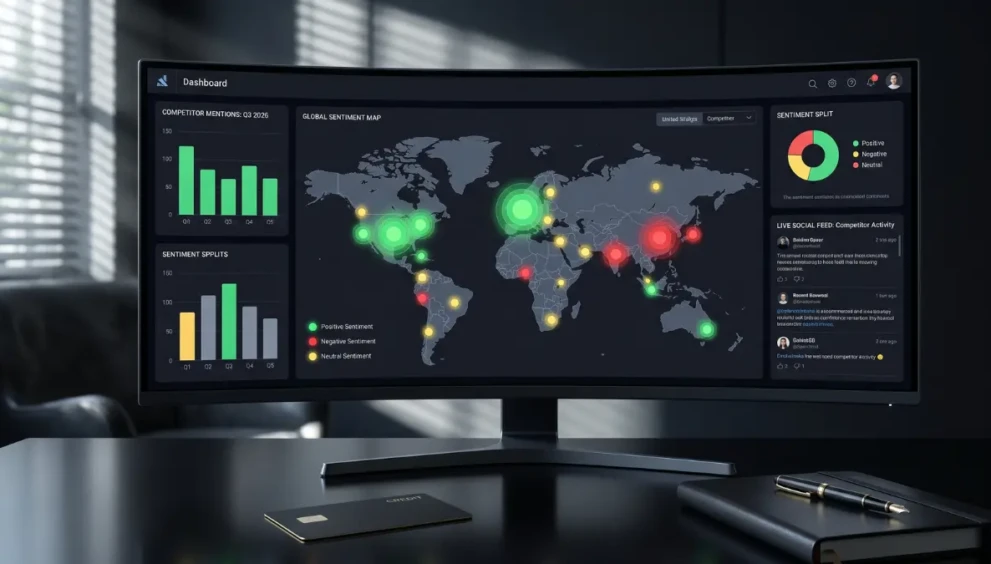 An executive dashboard using AI social listening tools to monitor brand sentiment and competitors in 2026.