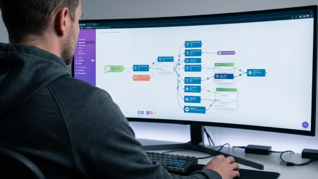 A professional building an AI automation workflow, representing a top high income skill for 2026.