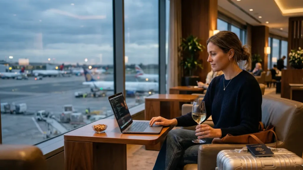 A traveler enjoying complimentary food and drinks in an airport lounge before a luxury vacation.