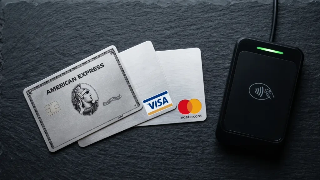 A visual comparison of American Express, Visa, and Mastercard credit card networks.