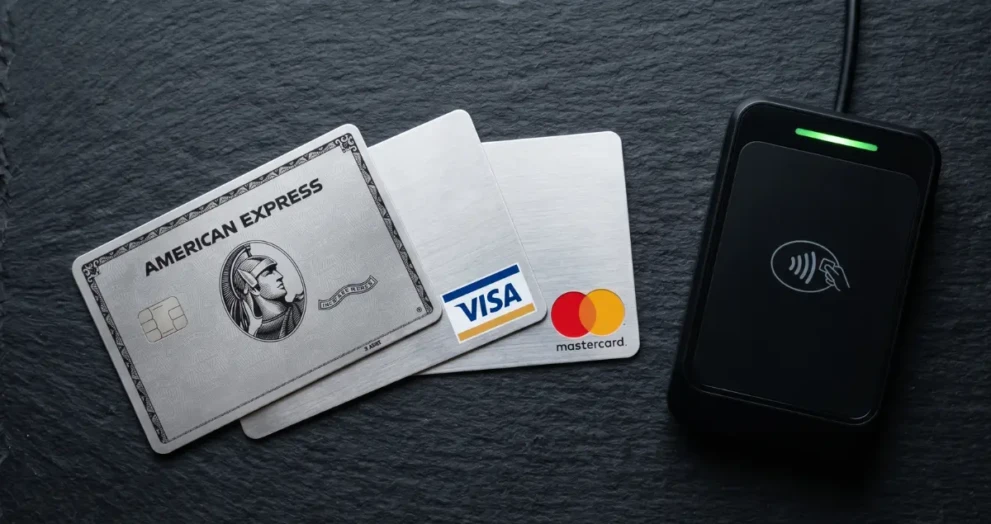 A visual comparison of American Express, Visa, and Mastercard credit card networks.
