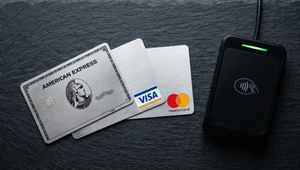 A visual comparison of American Express, Visa, and Mastercard credit card networks.