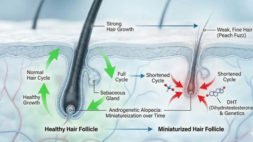 A macro comparison showing how genetics and DHT cause hair follicle miniaturization and shedding.
