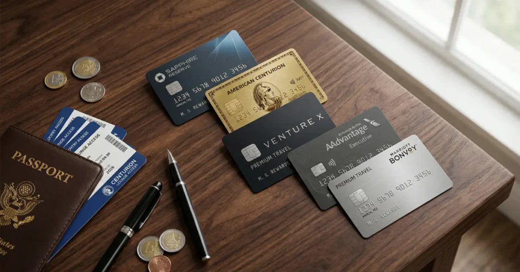 Multiple luxury metal premium travel credit cards on a desk with a passport, showing the concept of annual fees.