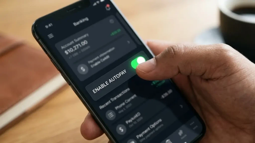 Enabling autopay on a mobile banking app to prevent a late payment penalty.