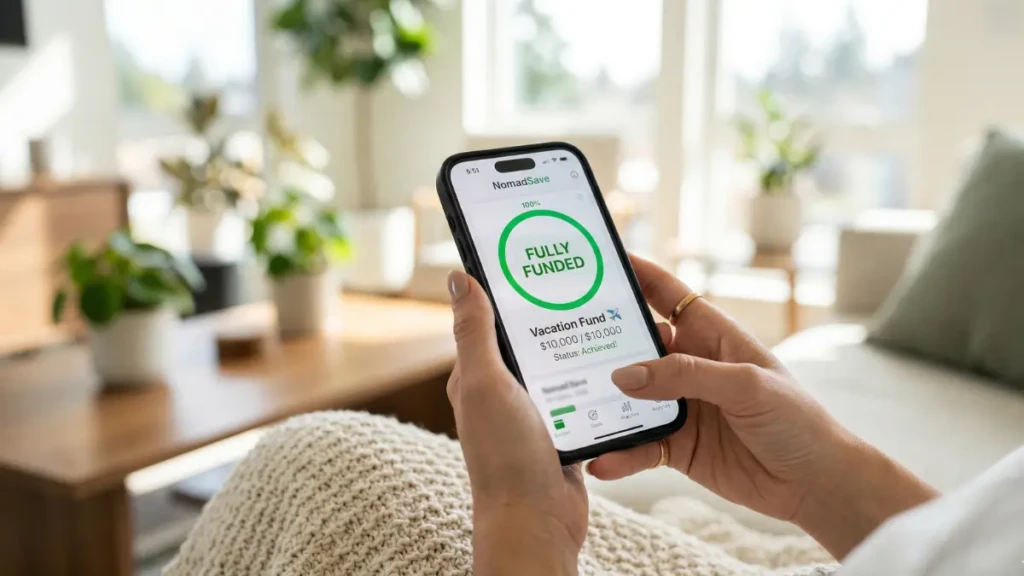 Using a budgeting app on a smartphone to save cash for luxury vacation expenses.