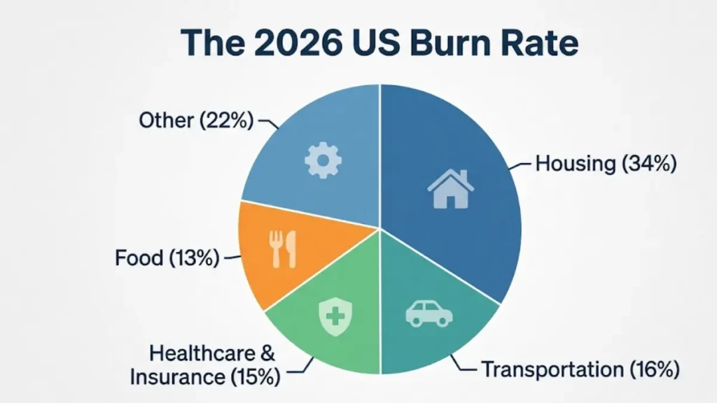 Infographic showing the monthly budget and cost of living USA breakdown by category.