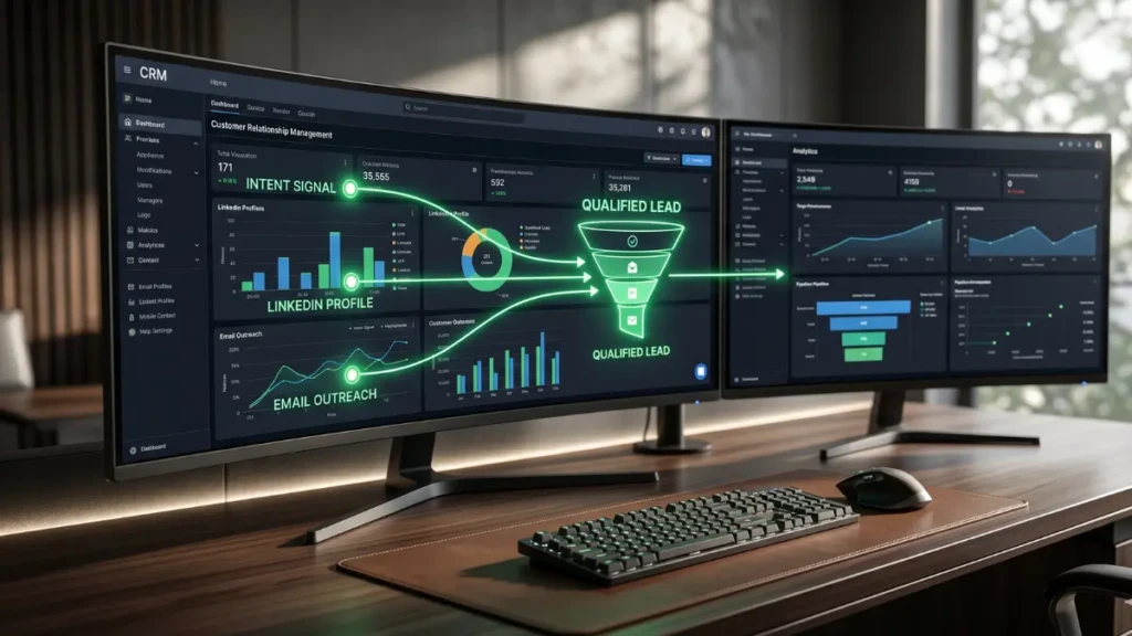 An advanced AI workflow dashboard automating B2B lead generation and data scraping.