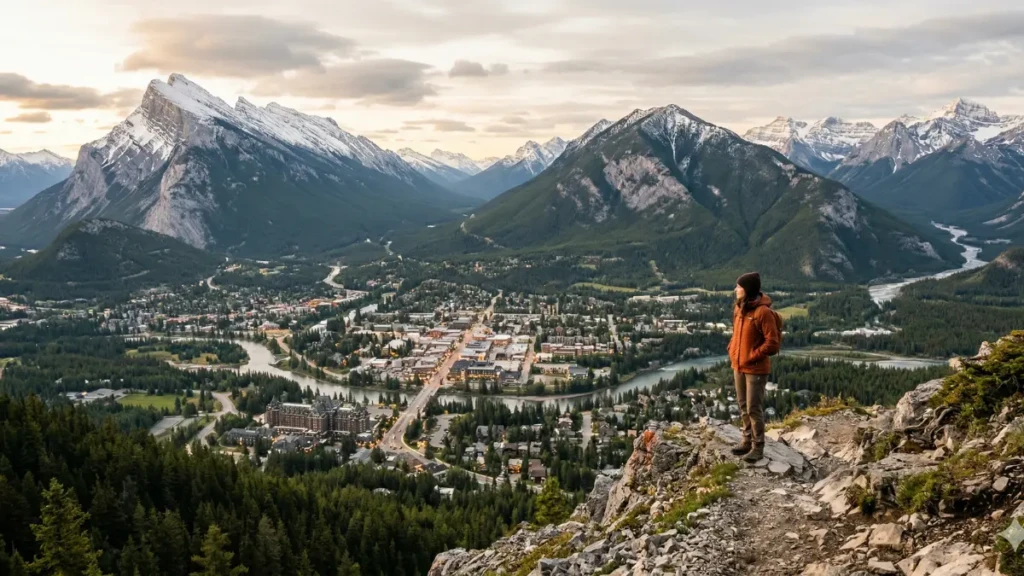 Banff, Alberta, small town with towering Rocky Mountains and scenic streets in the Canadian Rockies under golden hour daylight.
