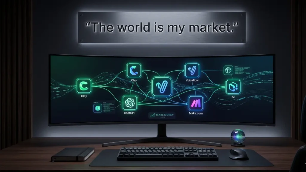 A high-tech executive desk setup displaying the best AI tools to make money in 2026.