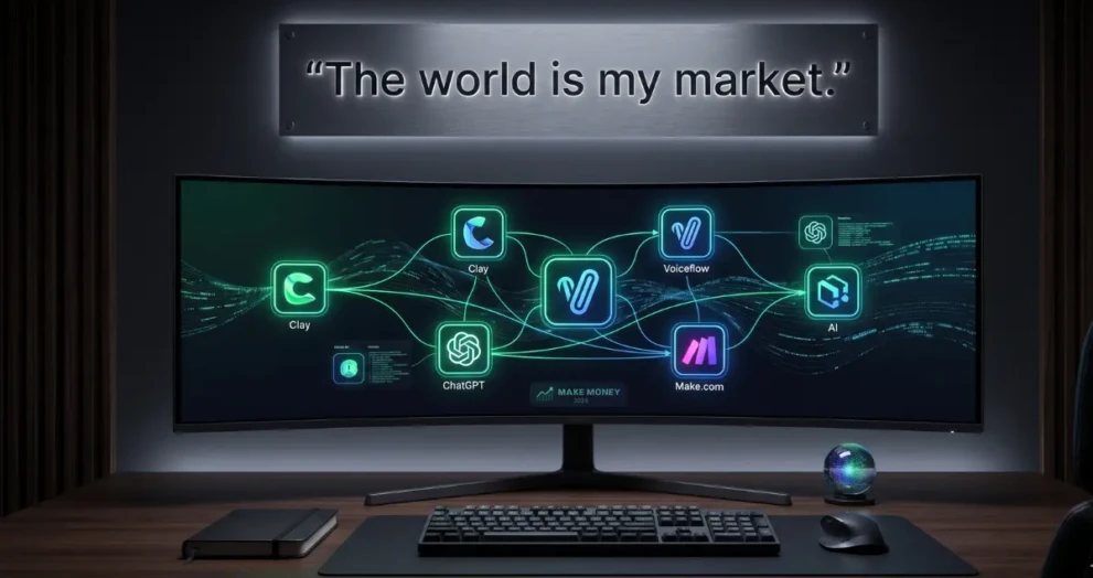 A high-tech executive desk setup displaying the best AI tools to make money in 2026.