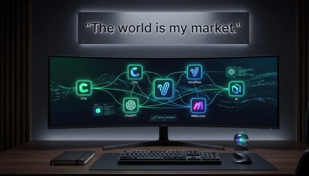 A high-tech executive desk setup displaying the best AI tools to make money in 2026.