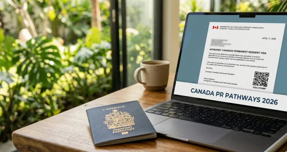 A Canadian passport next to a laptop, representing the best Canada PR pathways and immigration options for 2026.