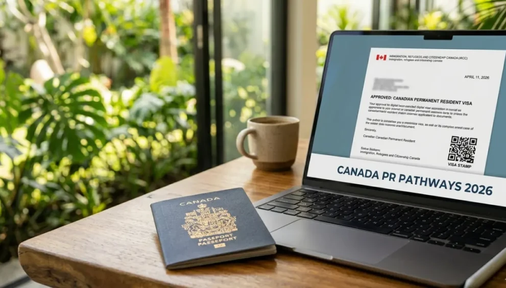 A Canadian passport next to a laptop, representing the best Canada PR pathways and immigration options for 2026.
