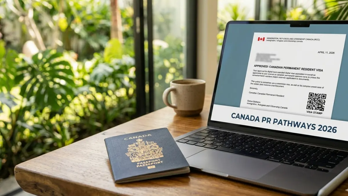 A Canadian passport next to a laptop, representing the best Canada PR pathways and immigration options for 2026.