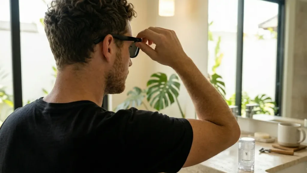 A person wearing a black shirt showing no white deodorant marks after using clear gel antiperspirant.