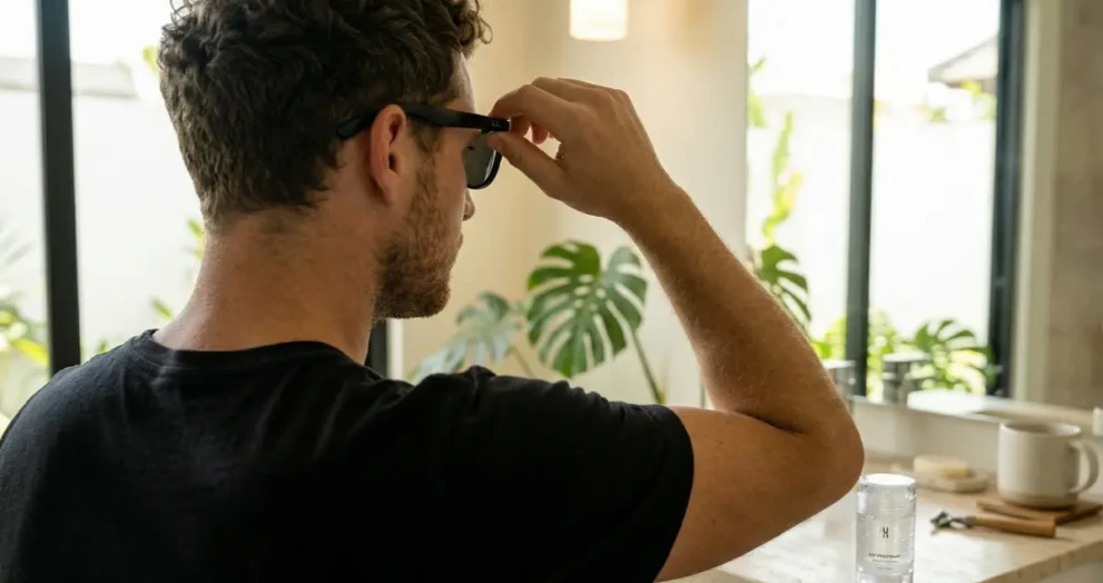 A person wearing a black shirt showing no white deodorant marks after using clear gel antiperspirant.