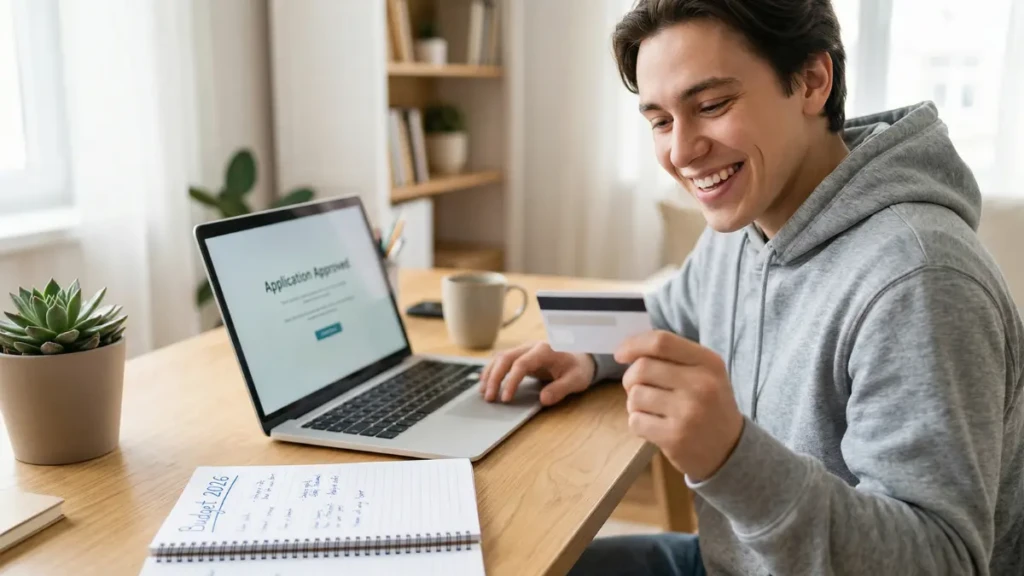 A young adult successfully applying for their first credit card to build credit from scratch.