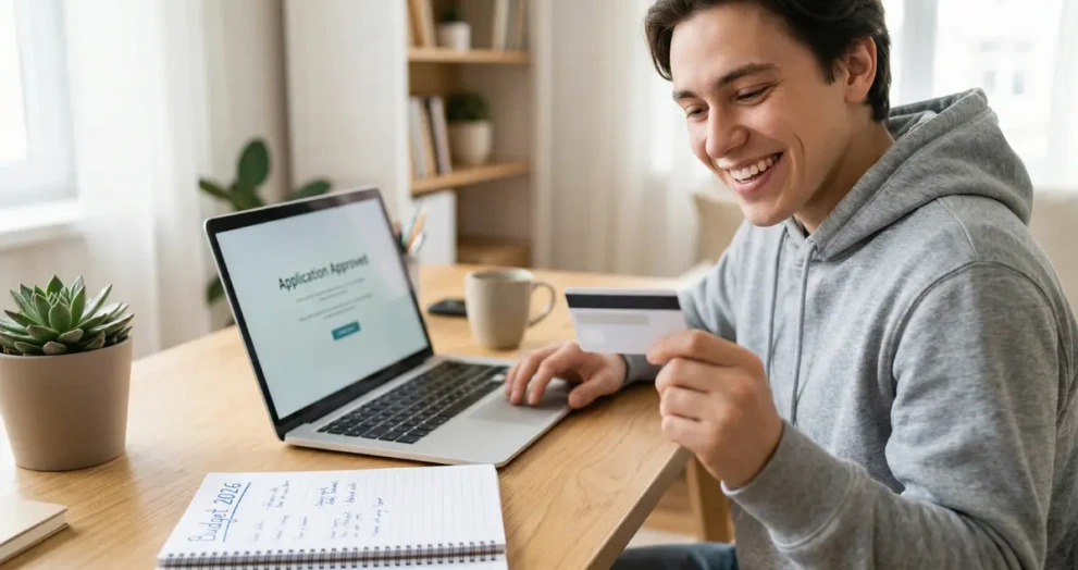 A young adult successfully applying for their first credit card to build credit from scratch.