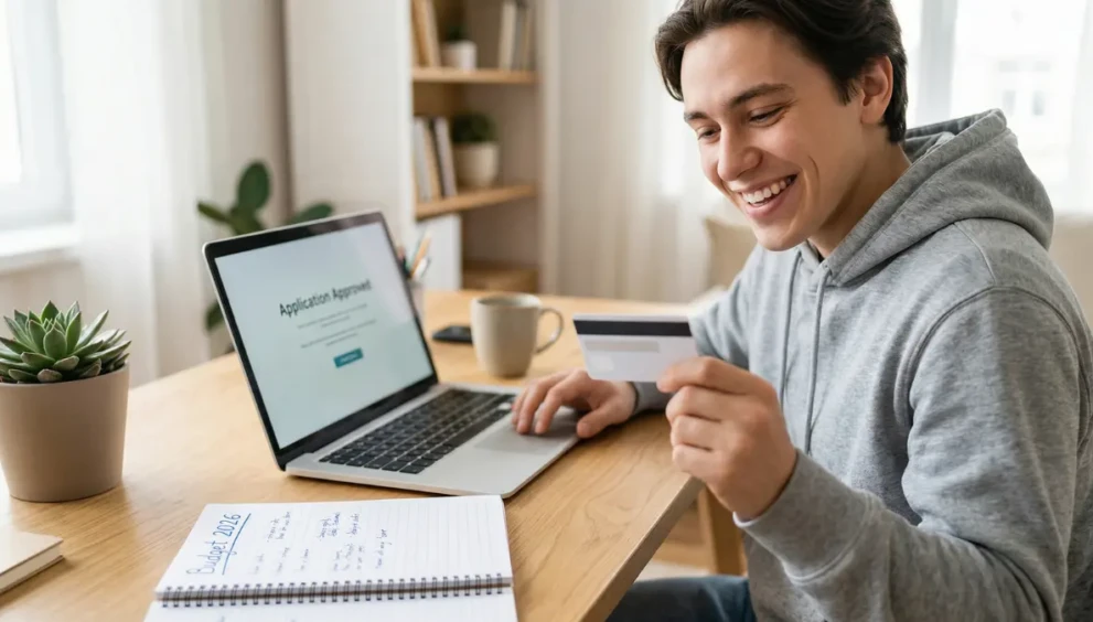 A young adult successfully applying for their first credit card to build credit from scratch.