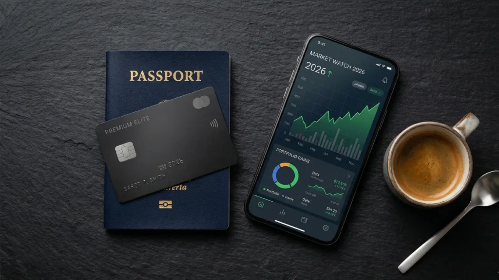 A premium metal credit card, passport, and smartphone representing the best credit cards in 2026 for travel and business.