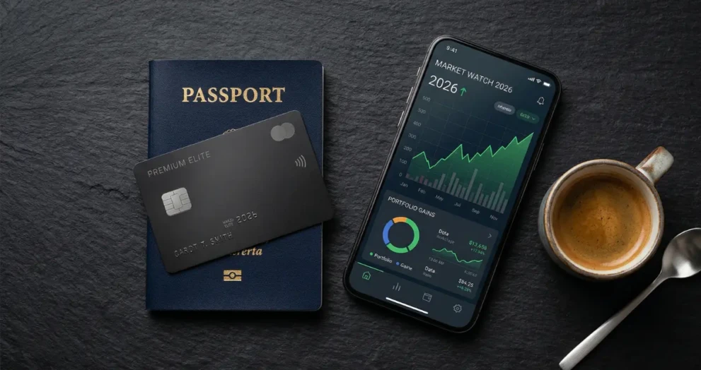 A premium metal credit card, passport, and smartphone representing the best credit cards in 2026 for travel and business.