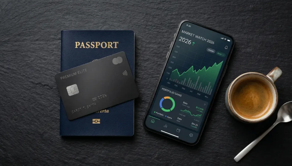 A premium metal credit card, passport, and smartphone representing the best credit cards in 2026 for travel and business.