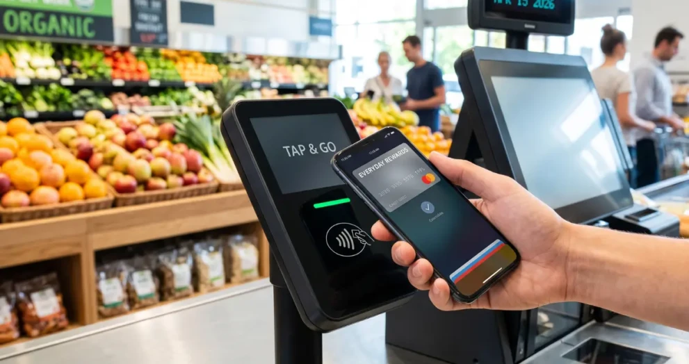 A consumer using an everyday credit card via mobile wallet for daily grocery spending.