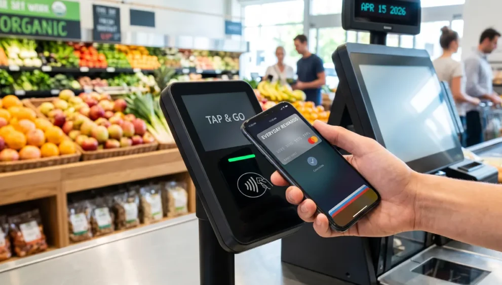 A consumer using an everyday credit card via mobile wallet for daily grocery spending.