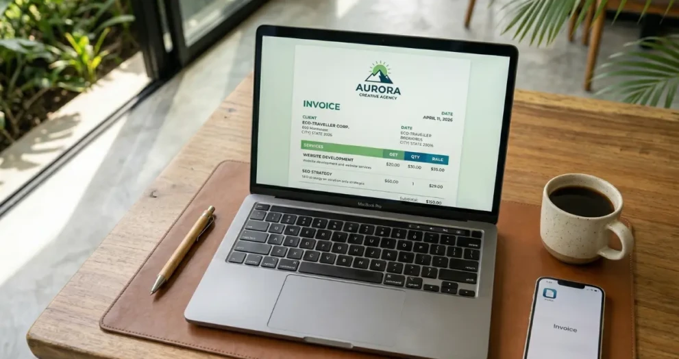A laptop displaying a professional, unbranded digital invoice, representing the best free invoicing software for freelancers.
