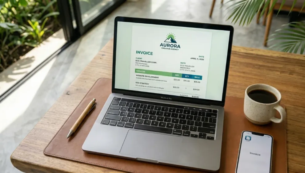 A laptop displaying a professional, unbranded digital invoice, representing the best free invoicing software for freelancers.