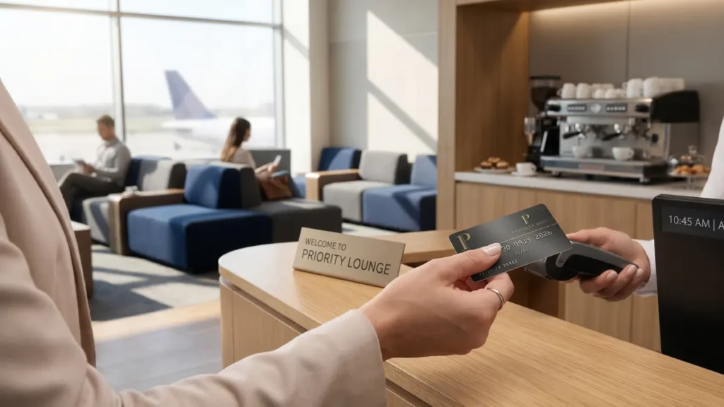 A traveler using a premium credit card for airport lounge access in 2026.