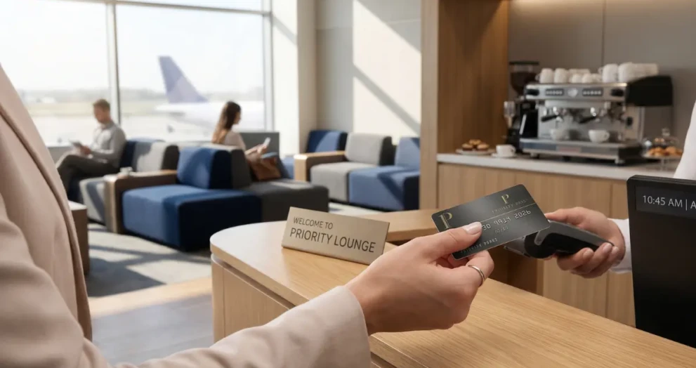 A traveler using a premium credit card for airport lounge access in 2026.