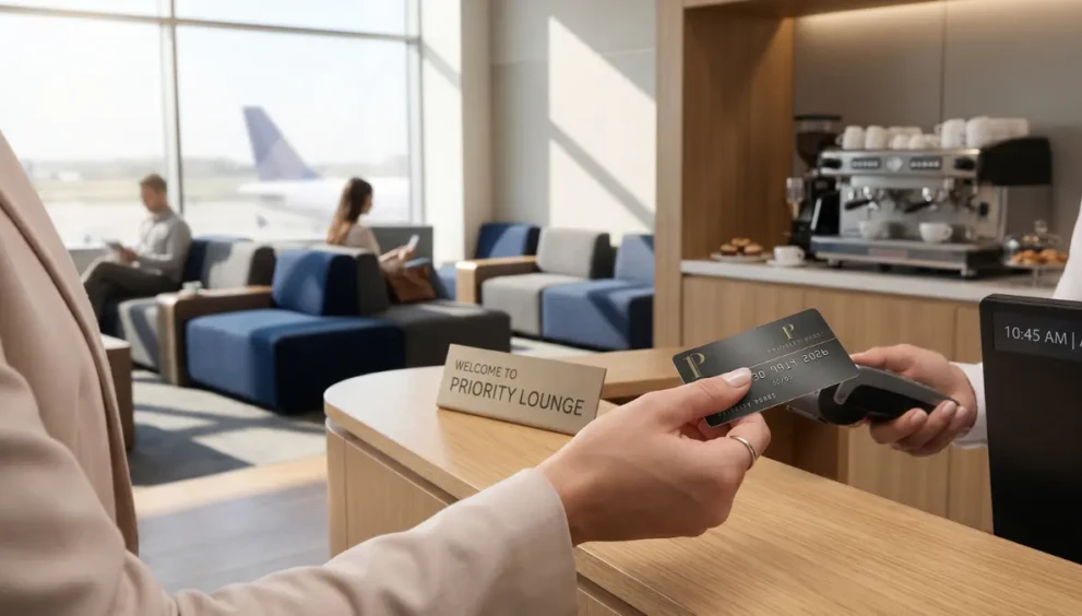 A traveler using a premium credit card for airport lounge access in 2026.