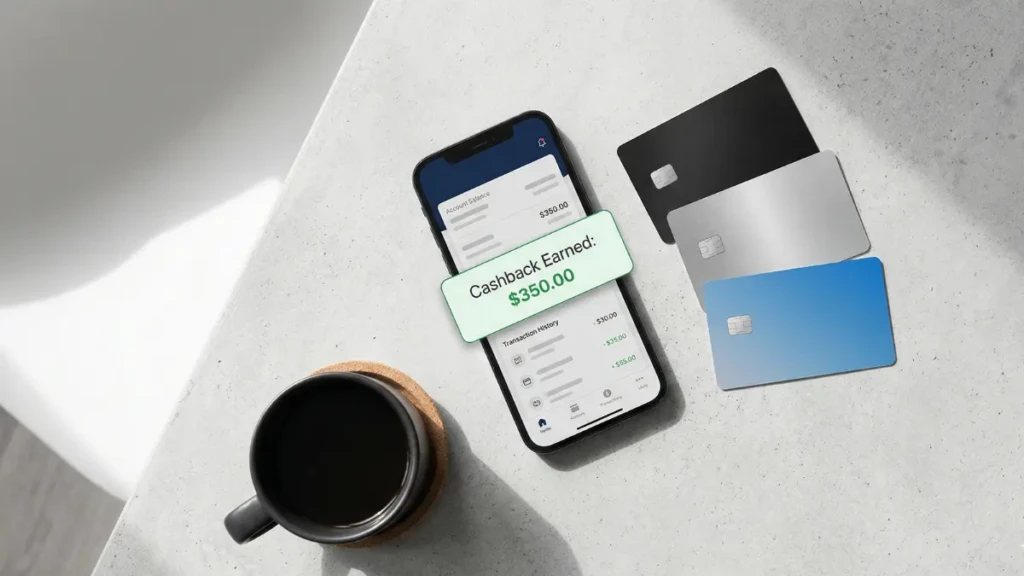 A smartphone showing earned cashback rewards next to credit cards, representing the best no annual fee cashback cards.