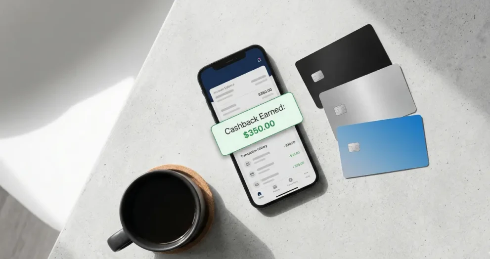 A smartphone showing earned cashback rewards next to credit cards, representing the best no annual fee cashback cards.
