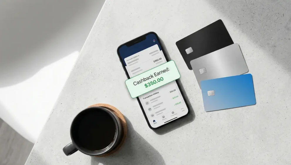 A smartphone showing earned cashback rewards next to credit cards, representing the best no annual fee cashback cards.